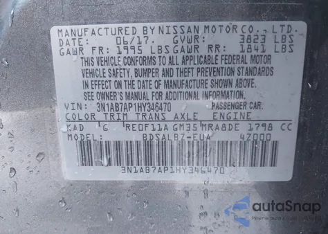 2017 Nissan Sentra S from USA, damaged, VIN 3N1AB7AP1HY346470